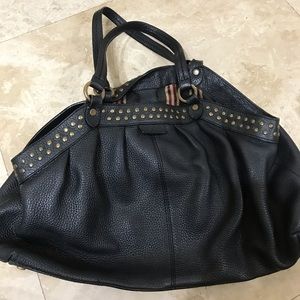 Hogan Black Pebbled Leather Studded Shoulder Tote